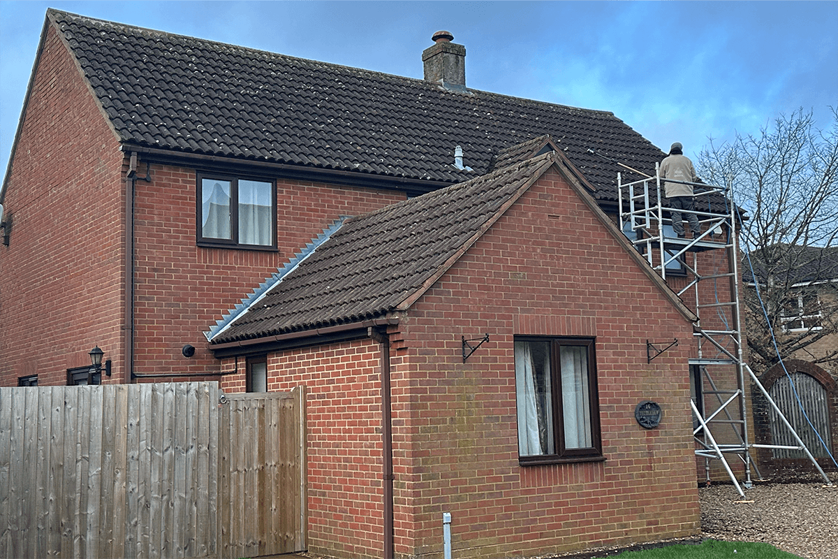 Moss removal in progress on a roof